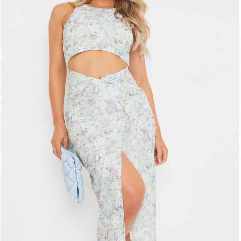 Cream Floral Print Cut Out Twist Detail Midi Dress
